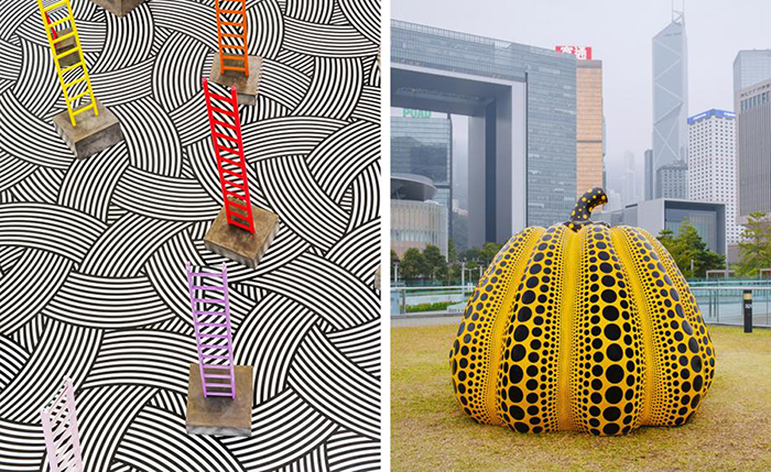 Izquierda: Instalación de Jim Lambie que curva la perspectiva del suelo. Derecha: Calabaza de Yayoi Kusama inaugurando el parque escultórico